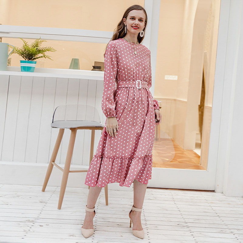 Ruffle High Waist Polka Dot Skirt Temperament Casual Dress Pink