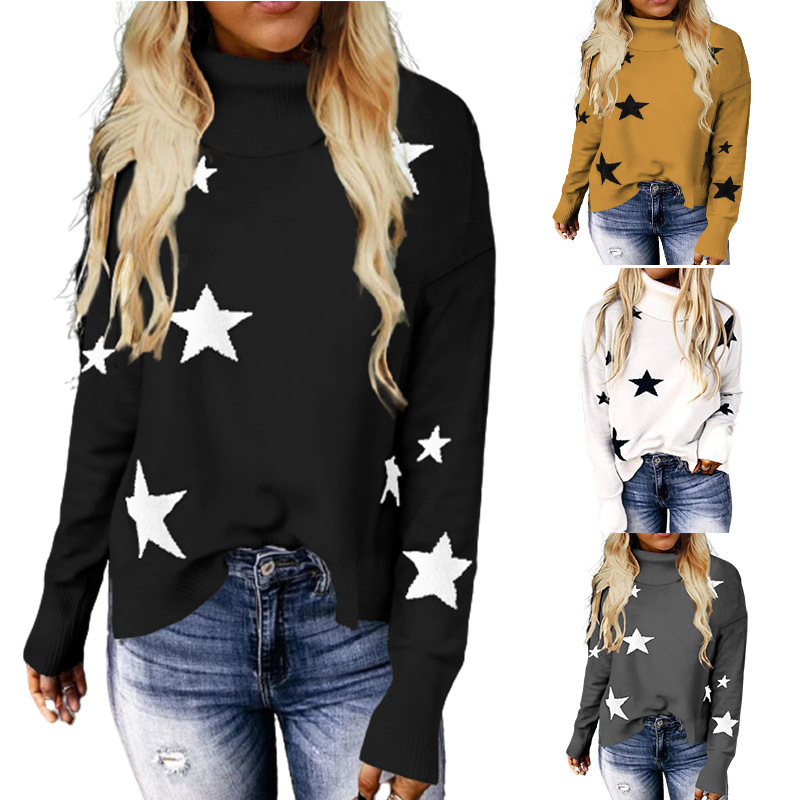 Star Print Turtleneck Knitted Street Trendy Pullover Sweater