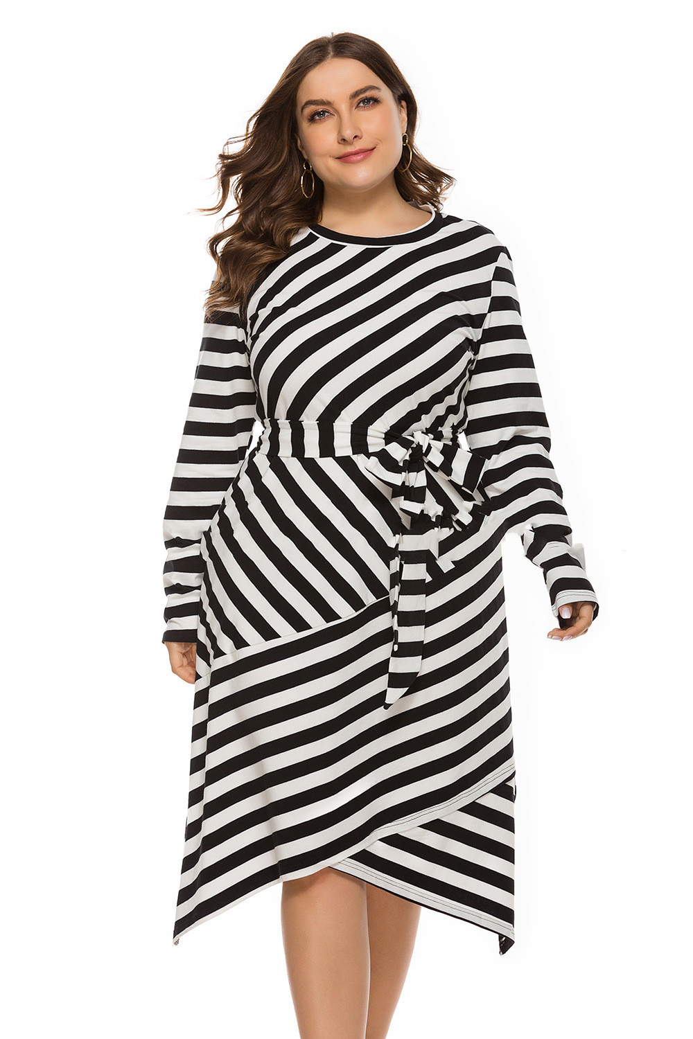 European And American Striped Long-sleeved Pullover Plus Size Dress