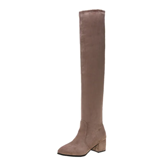 Ladies Mid heel Pointed Thick Heel Long Boots Khaki - Shop at LoveMi
