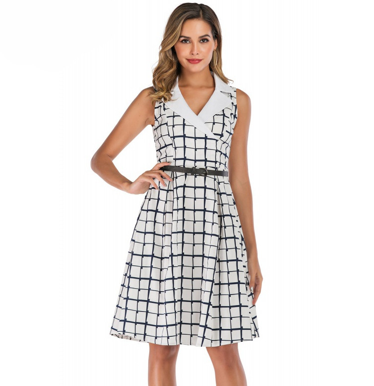 Large Sleeveless Women's Plaid Retro Waist Dress