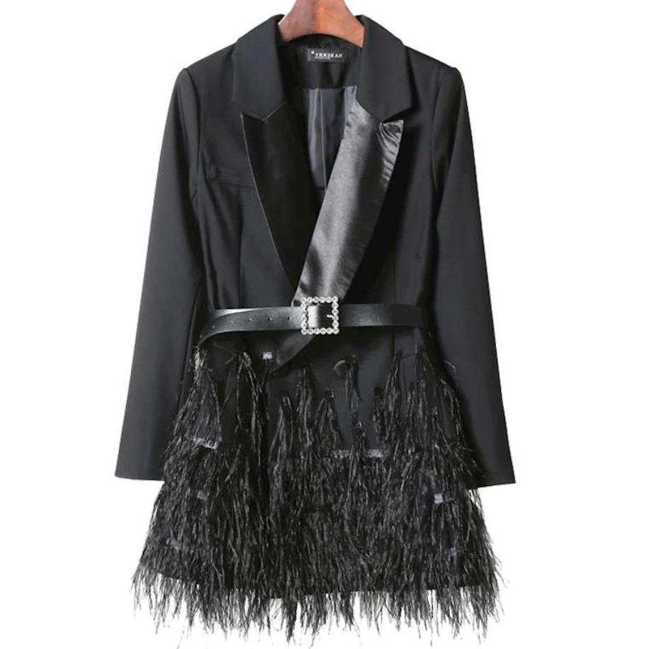 Fashion Suit Dress Style Black Feather Trench Coat