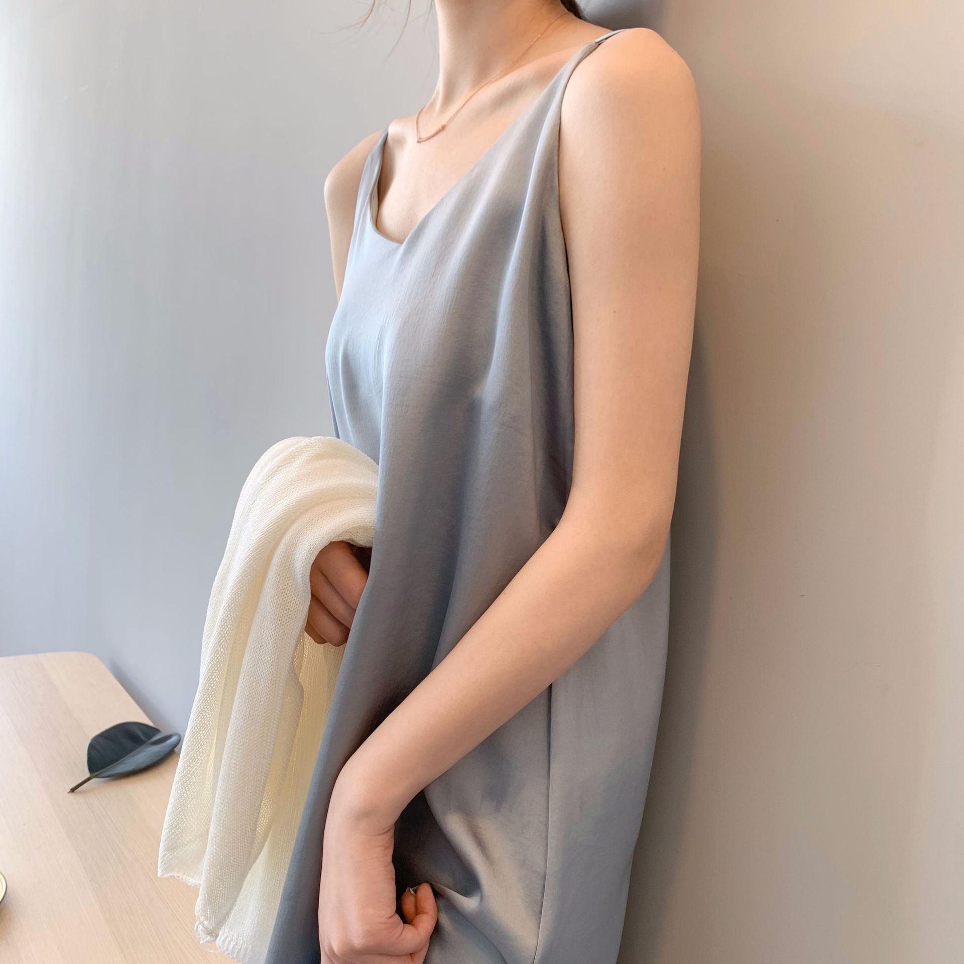Ladies French Retro Satin Sling Home Long Dress
