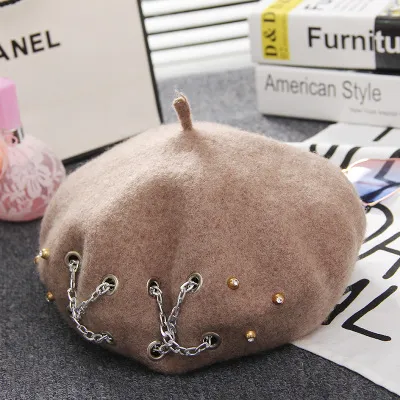 Cross Chain Beret Women Autumn and Winter Wool Rivet Hat British Retro Beret Hat Camel - Shop at LoveMi