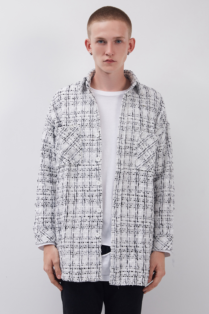 Silver Woven Plaid Men's Shirt Loose Coat Long Sleeves