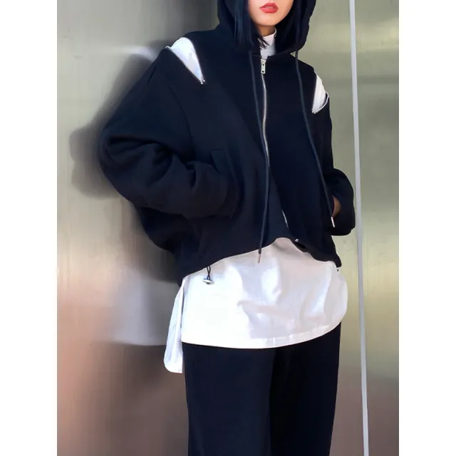 A Hooded Hoodie With An Open shouldered, Thickened Zipper Black - Shop at LoveMi
