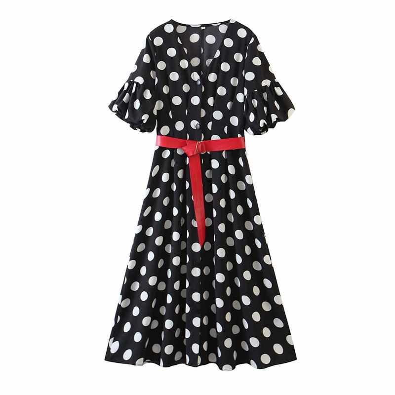 Women's Dress With Waistband And Polka Dots