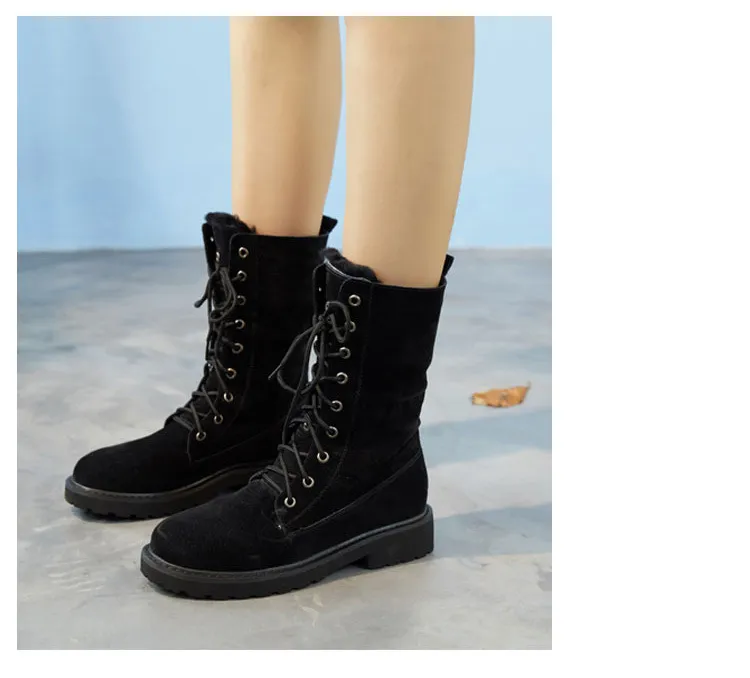 Women's High-top Leather Padded Warm Snow Boots - Black