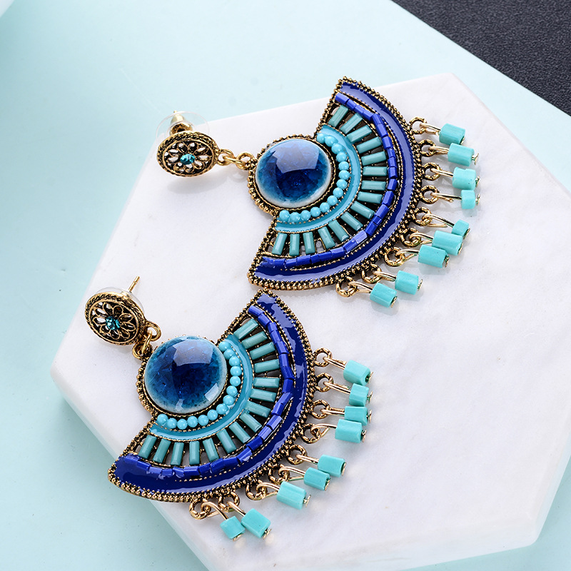 Bohemian Fan Earrings Rice Bead Earrings Ice Split Flower Earrings Tassel Earrings