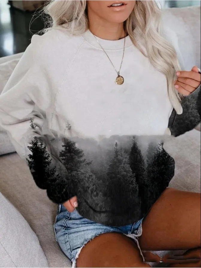 Popular Women's Landscape Print Long-Sleeved Sweater - White