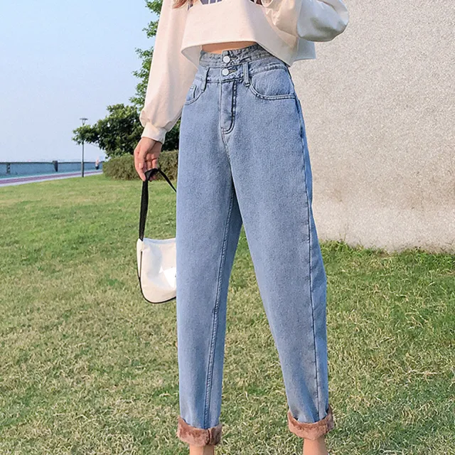 Winter New High waist Double breasted Loose Harem Pants Blue - Shop at LoveMi