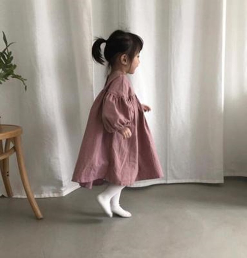 Cotton and Linen Lantern 9-point Sleeves Small  A-line Dress