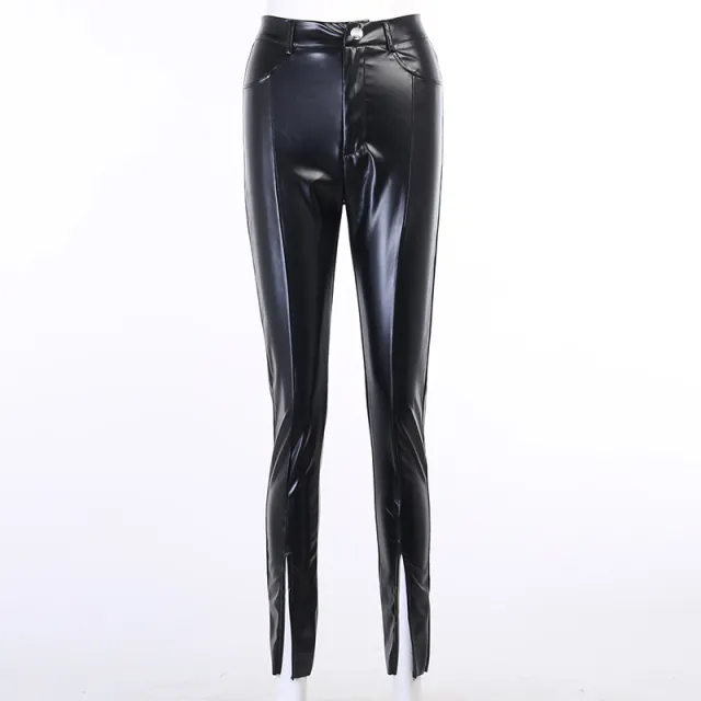Women's Tight Fitting Casual Mid Waist Leather Trousers Black - Shop at LoveMi