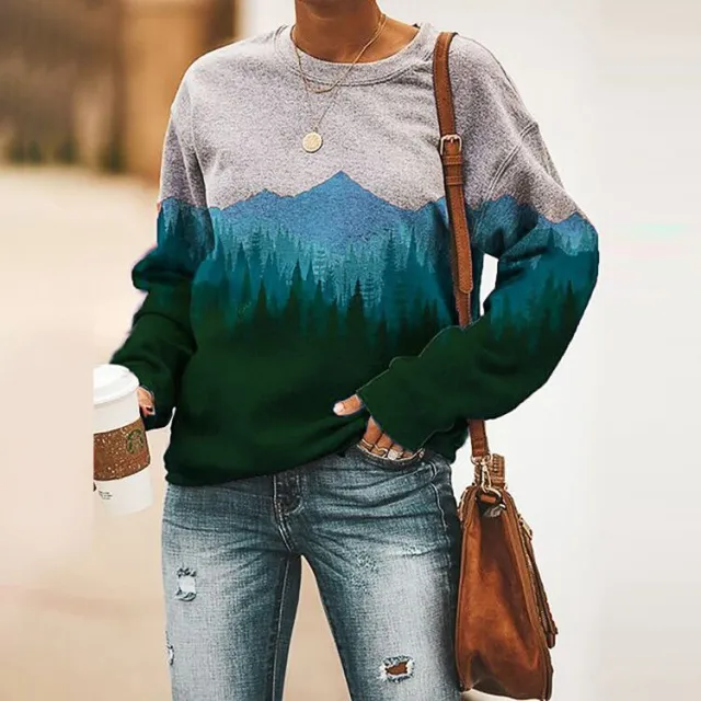 Fashion Ladies Printed Landscape Picture Casual Sweater Blue - Shop at LoveMi