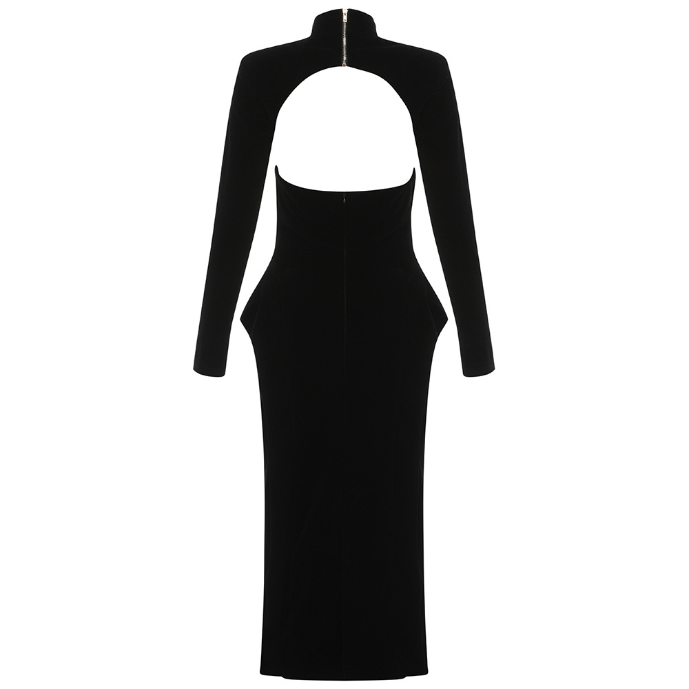 Fashion Temperament Eexy Velvet  Back Tube Top Slim Long Sleeve Dress
