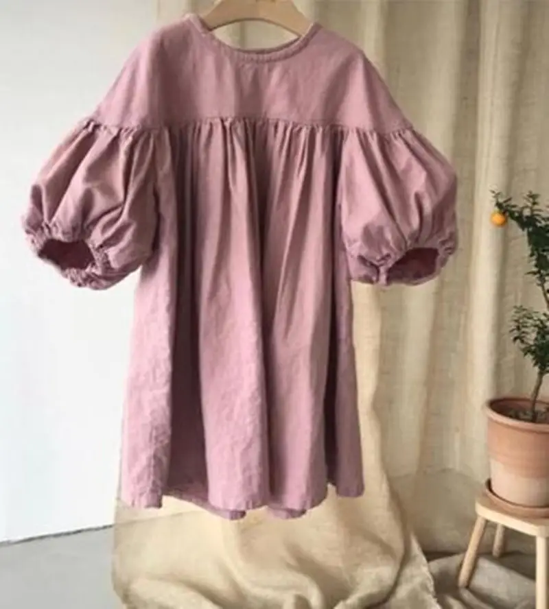 Cotton and Linen Lantern 9-point Sleeves Small A-line Dress