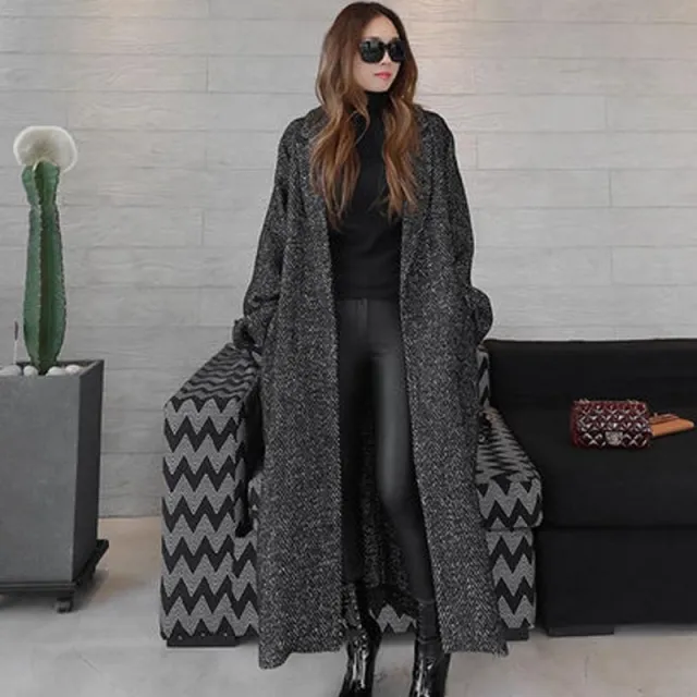Women's Woolen Coat Long Herringbone Pattern Loose Black - Shop at LoveMi