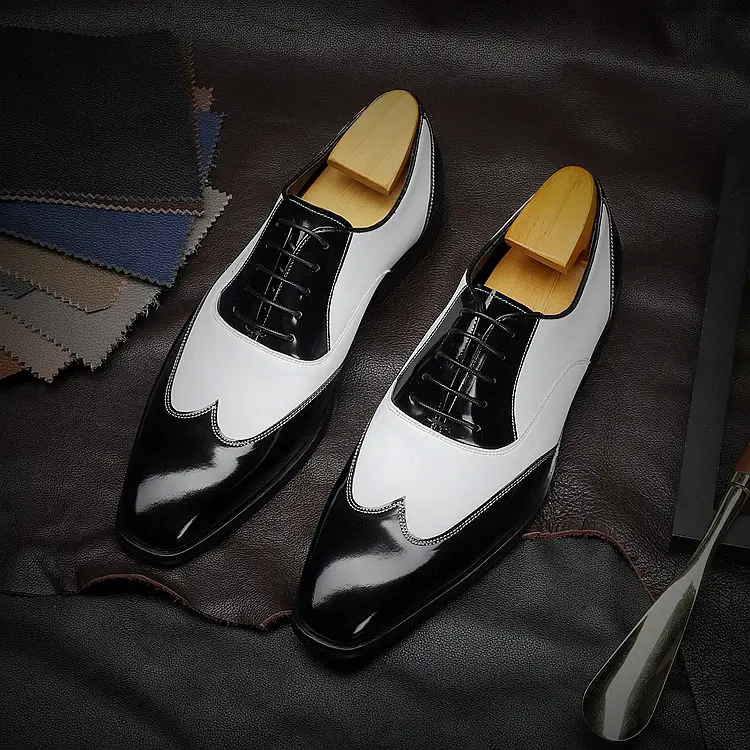 Pointed Cowhide Business Suit Black And White Retro Men's Shoes