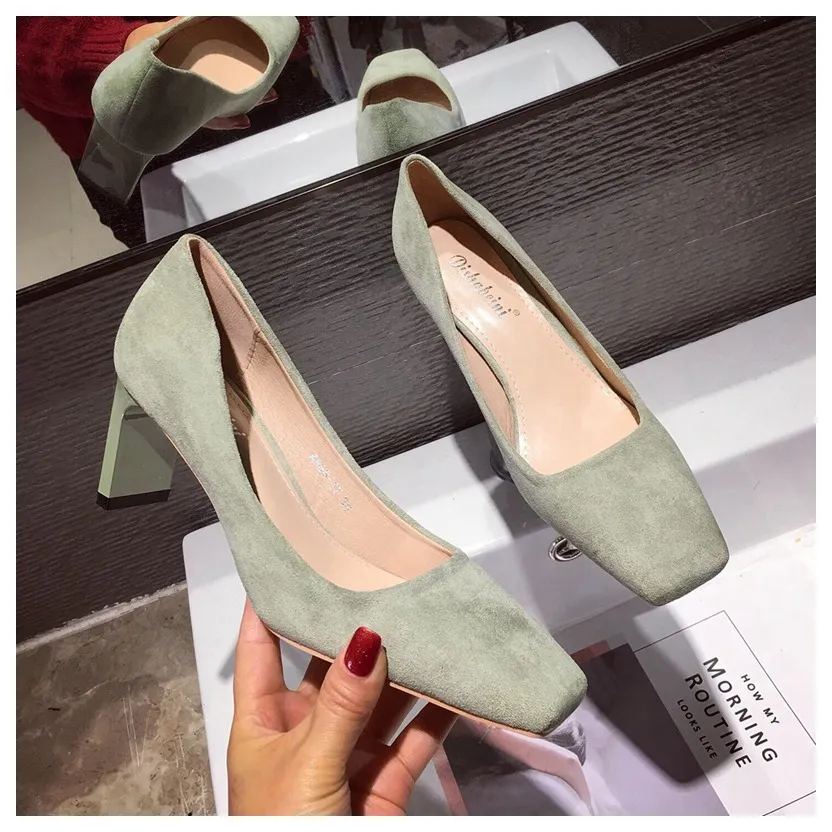Square Toe Chunky Heel Suede Single Shoes Versatile Mid-heel Shoes - Green