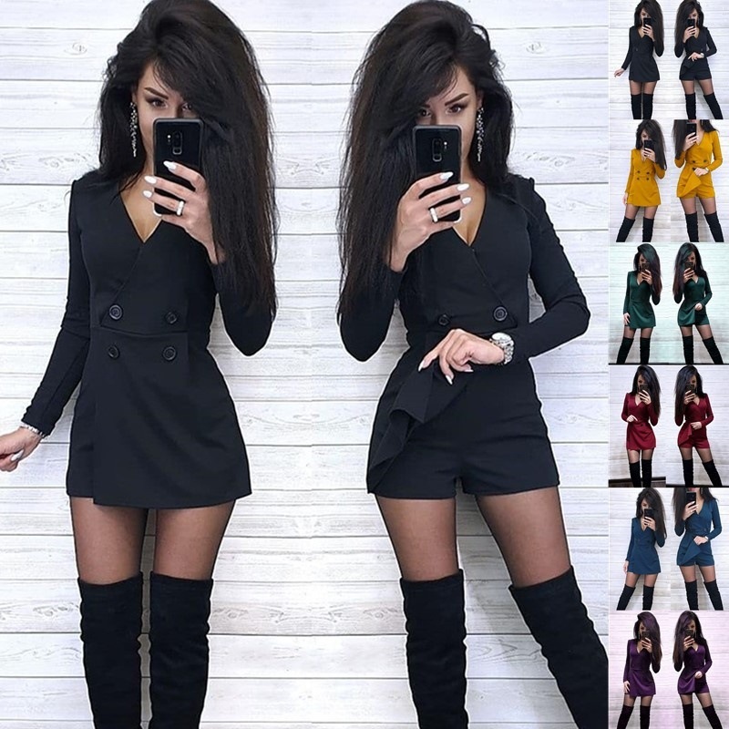 New Solid Color Slim Fake Two-piece V-neck Jumpsuit