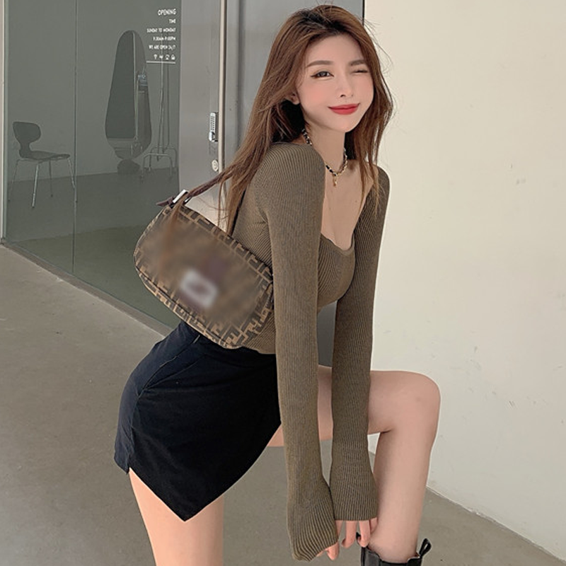 Square Neck Knit Bottoming Shirt Top Sling Slit Bag Hip Skirt Suit Women