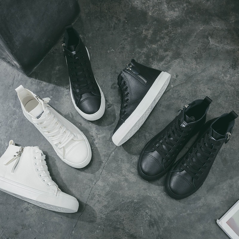 Mid Cut Leather Small White Shoes Flat Side Zipper Women