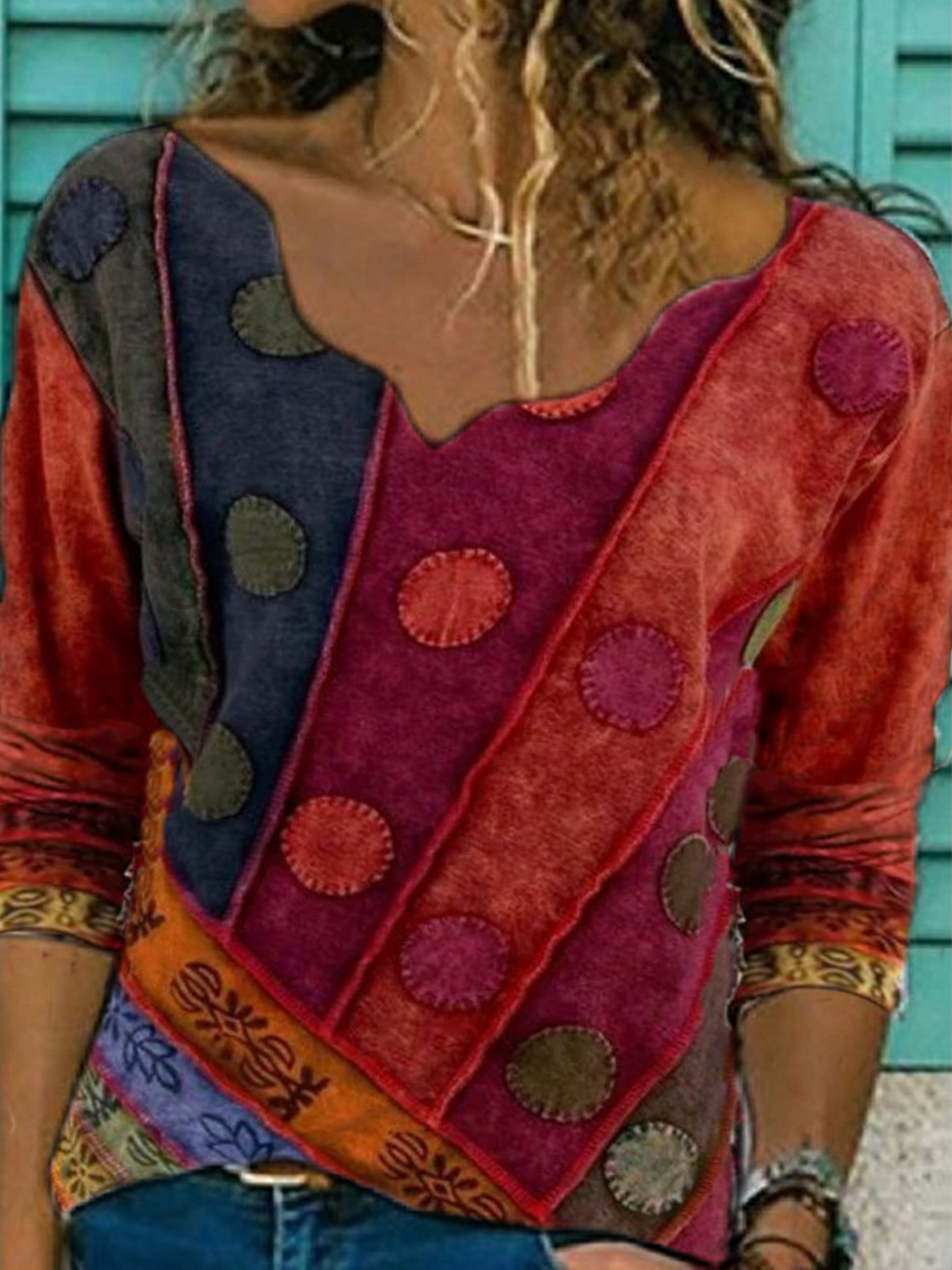 Embroidered Collar Casual Top Long Sleeve T-shirt