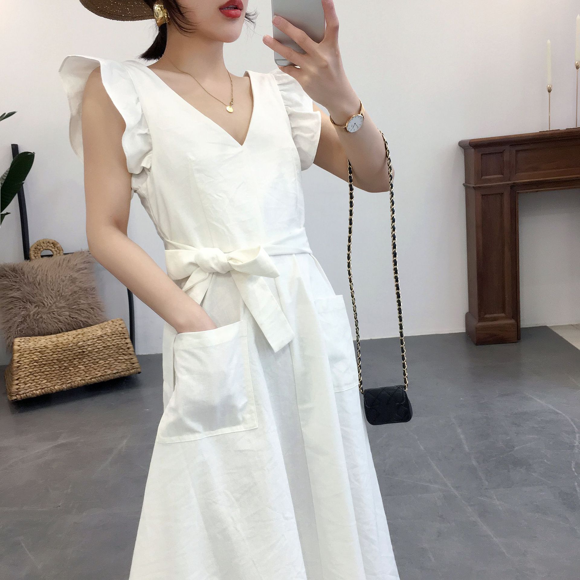 All-Match V-Neck Solid Color Ruffled Pocket Belt Dress