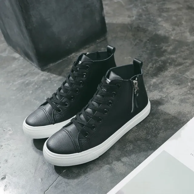 Mid Cut Leather Small White Shoes Flat Side Zipper Women Black - Shop at LoveMi