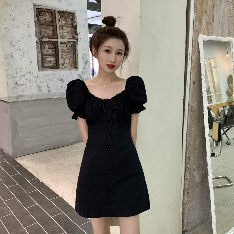 Puff Sleeve Square Neck White Lace Dress Short