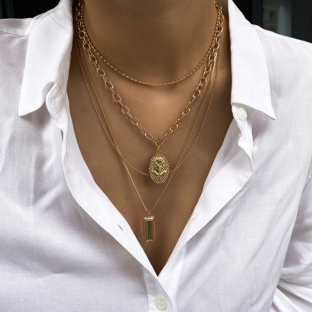 Embossed Rose Set Double Tag Round Bead Necklace