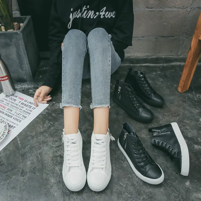 Mid Cut Leather Small White Shoes Flat Side Zipper Women