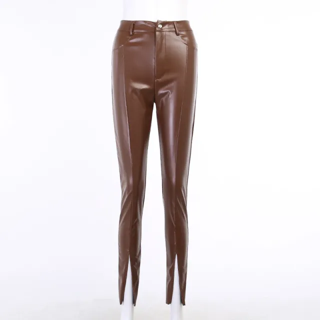 Women's Tight Fitting Casual Mid Waist Leather Trousers Brown - Shop at LoveMi