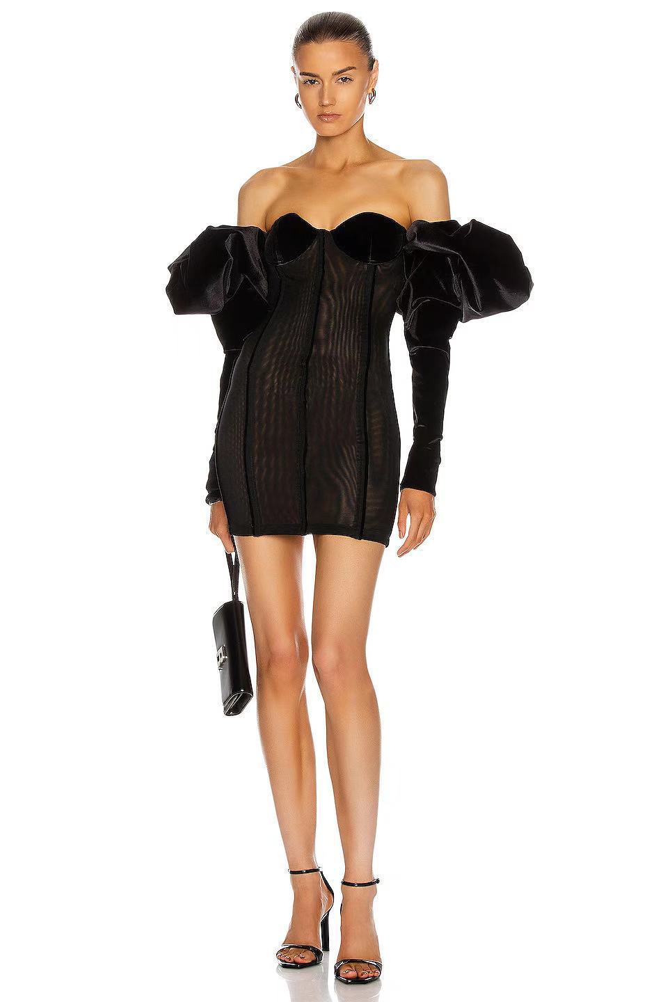 Long-sleeved Ladies Commuter One-shoulder Three-dimensional Puff Sleeve Waist Dress