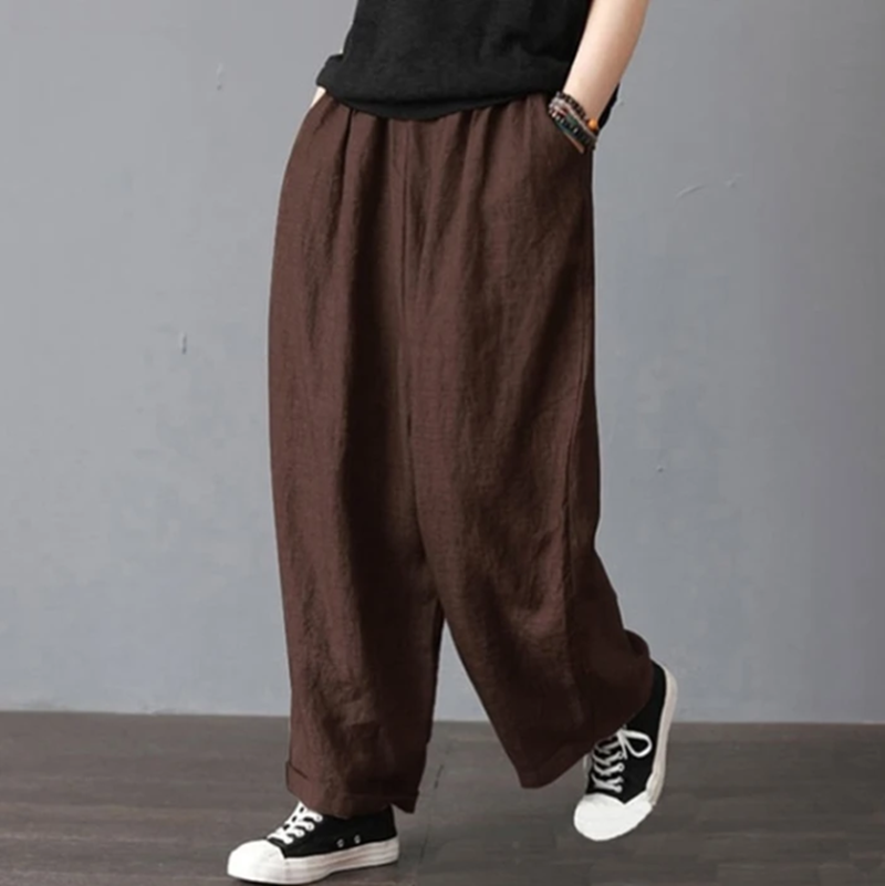 Large Size Cotton And Linen Pocket Women's Wide-leg Trousers