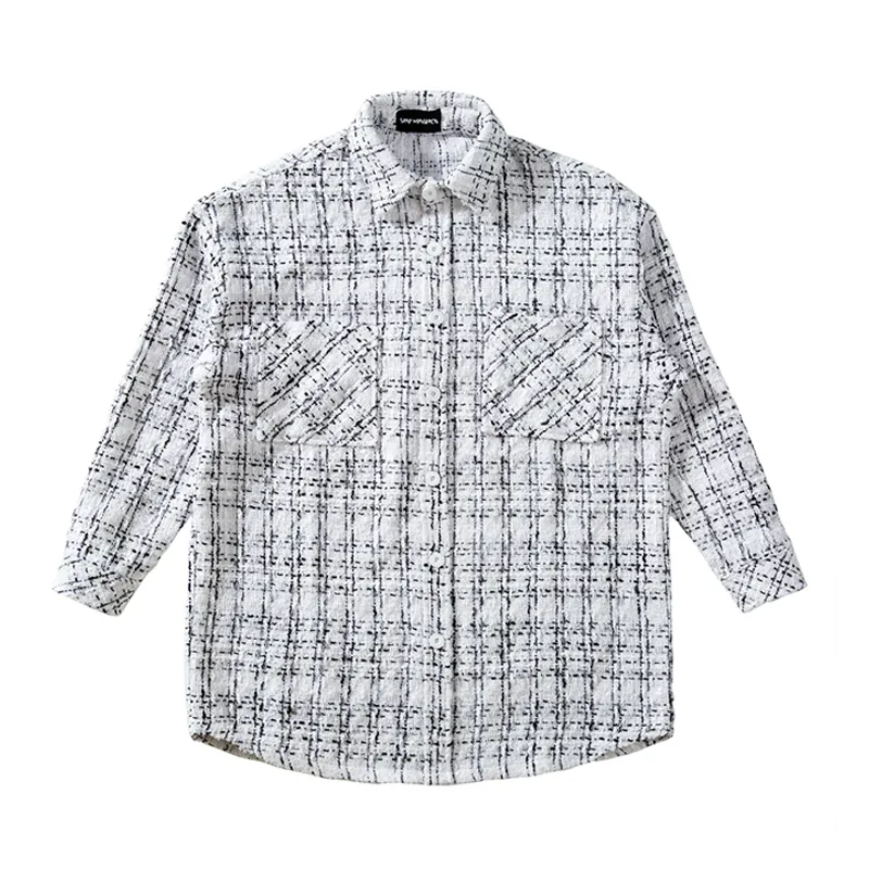 Silver Woven Plaid Men's Shirt Loose Coat Long Sleeves
