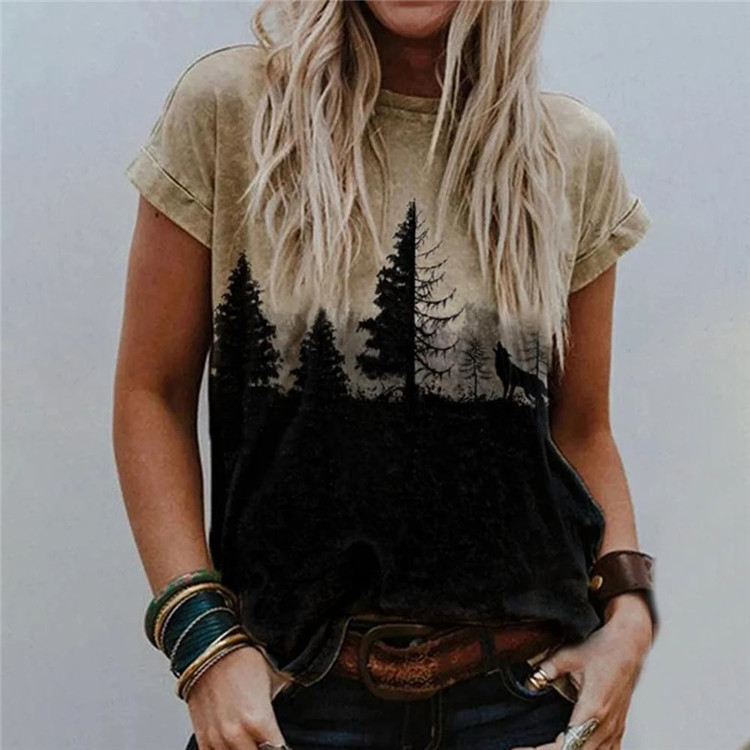 Landscape Print Round Neck Short Sleeve Ladies Casual T-shirt