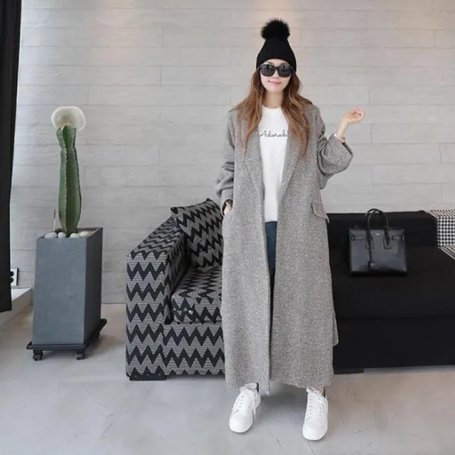 Women's Woolen Coat Long Herringbone Pattern Loose Grey - Shop at LoveMi