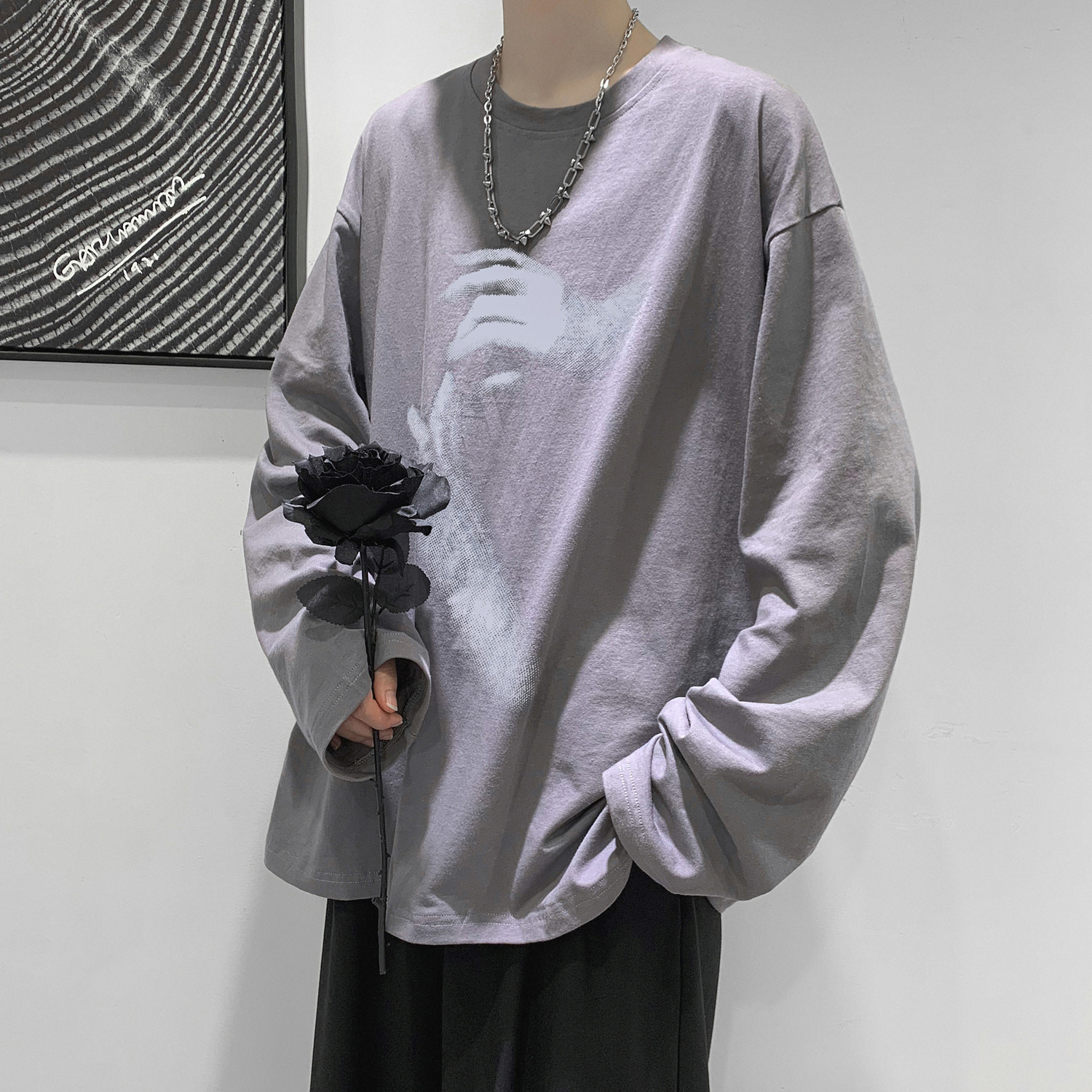 Loose Autumn Men's Bottoming Shirt Couple Outfit in Grey