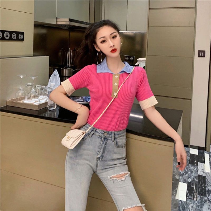 Fashion Color Matching Sweet Knitted T-shirt Female Summer