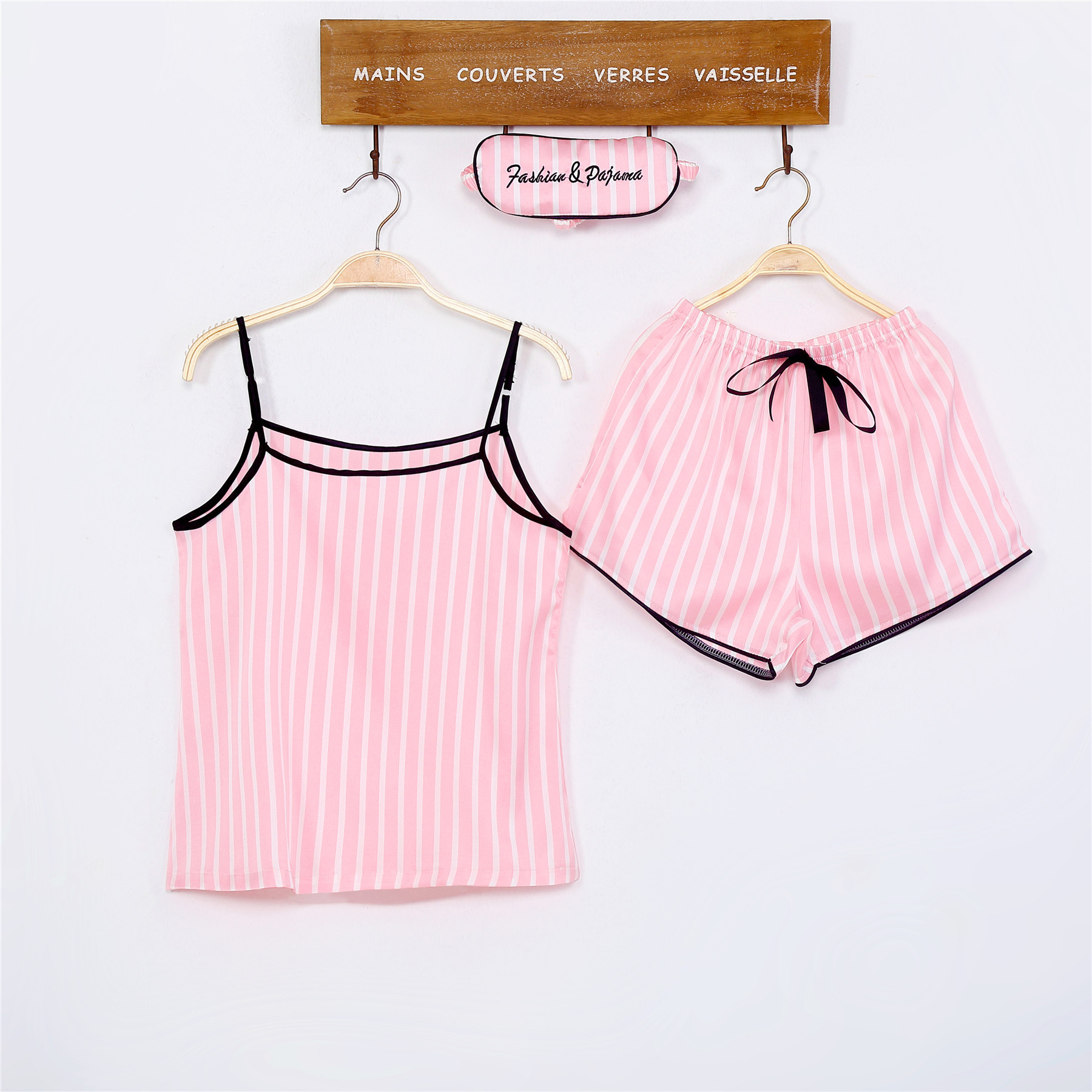 Spring and Autumn Summer Seven-piece Long Sleeve Shorts Sling Striped Ice Silk Homewear Set