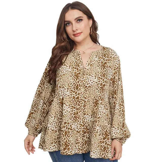 Original Design Plus Size V neck Print Top Long Sleeve Shirt Apricot - Shop at LoveMi