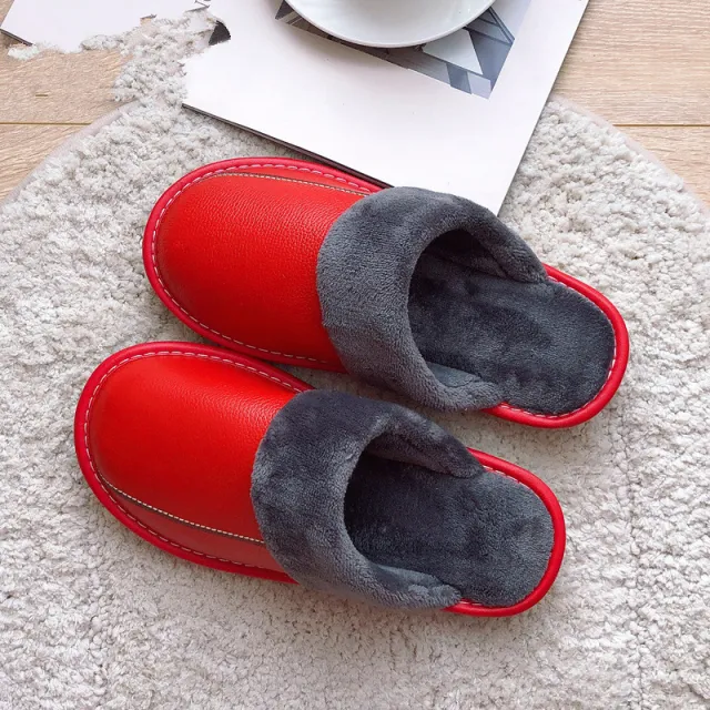 Genuine Leather Surface Cotton Home Waterproof Thick Bottom Plush Warm Slippers Red - Shop at LoveMi