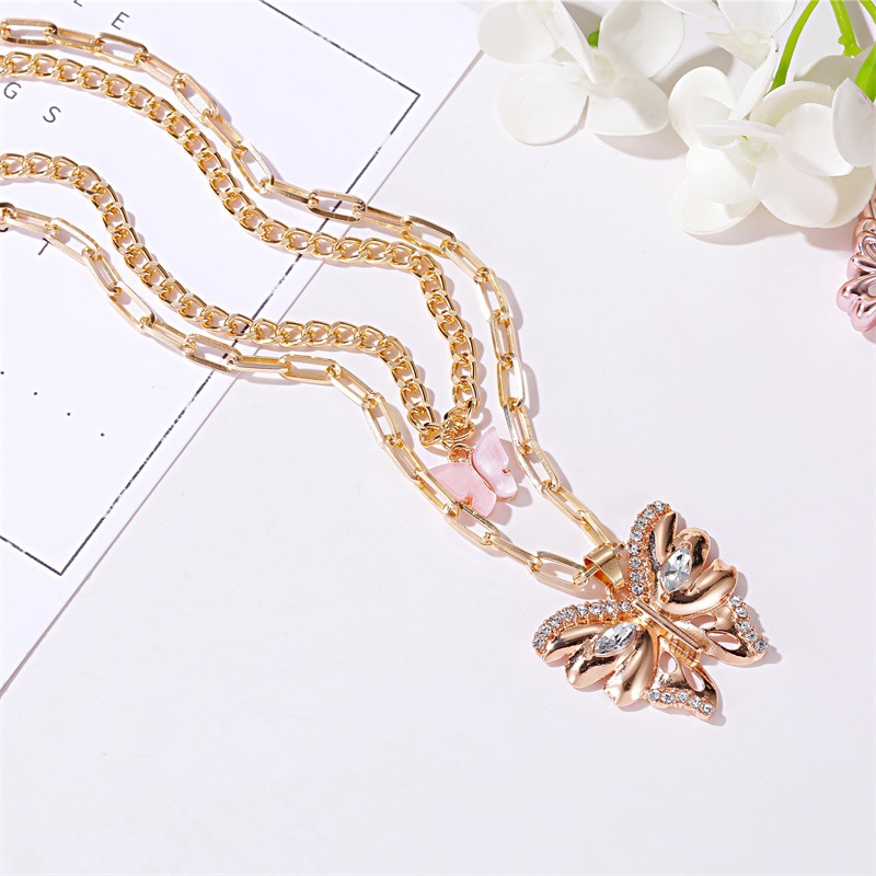 Metallic Size Butterfly Pendant Temperament Double Necklace