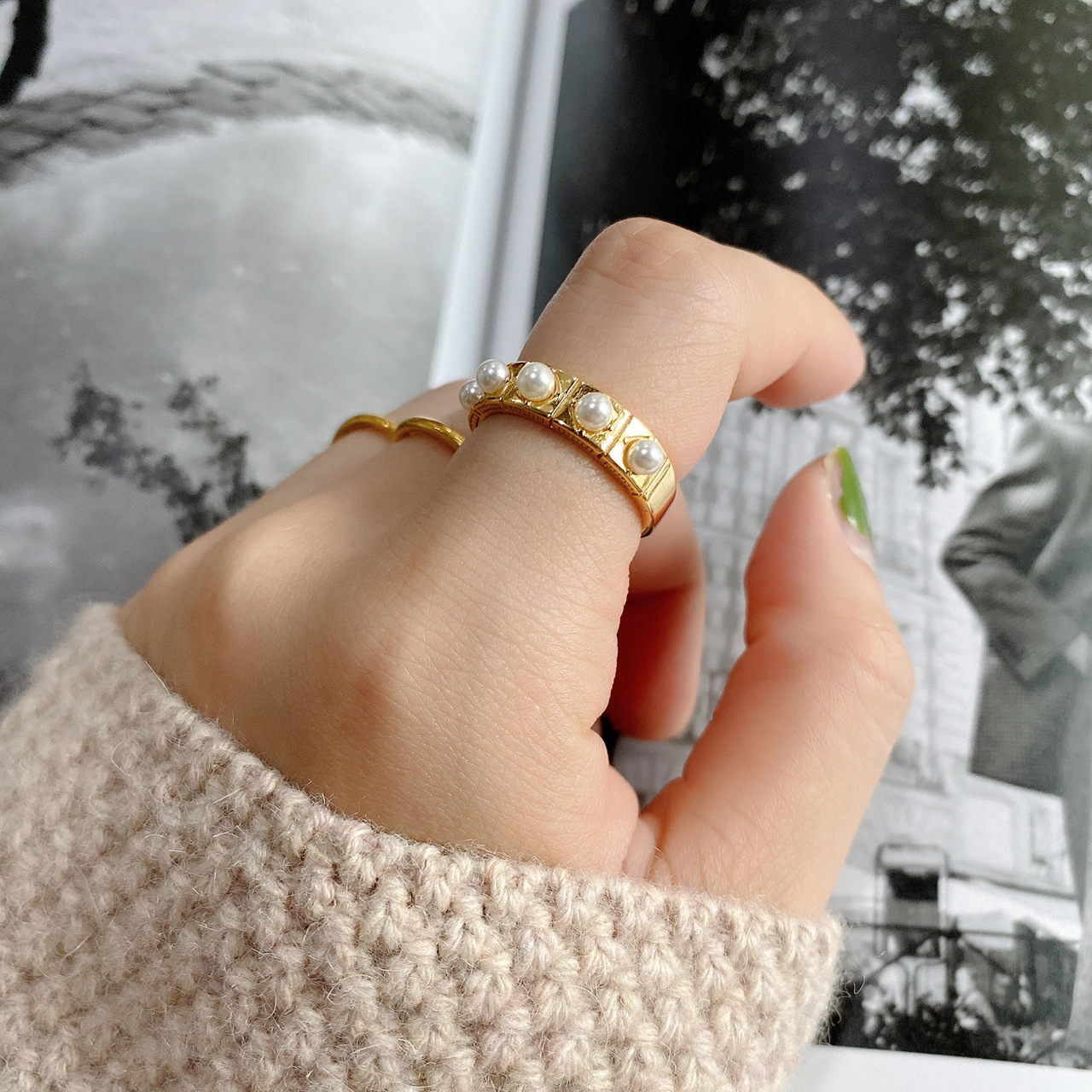 925 Sterling Silver Golden Checkered Pearl Ring