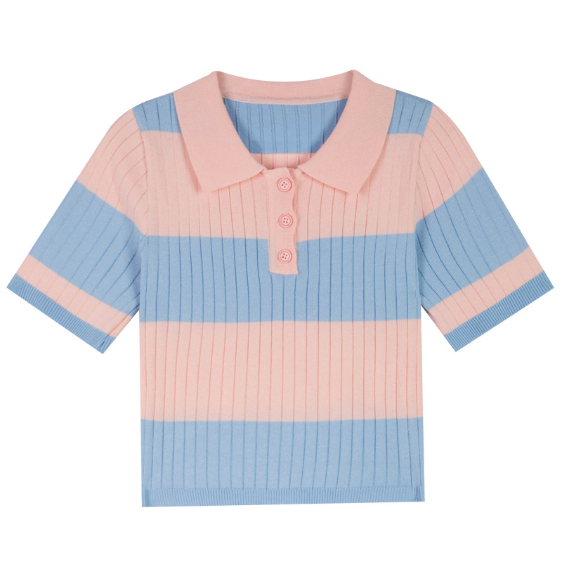 Polo Neck Knitted Short Top Slim Stripe Short Sleeve T-shirt For Women