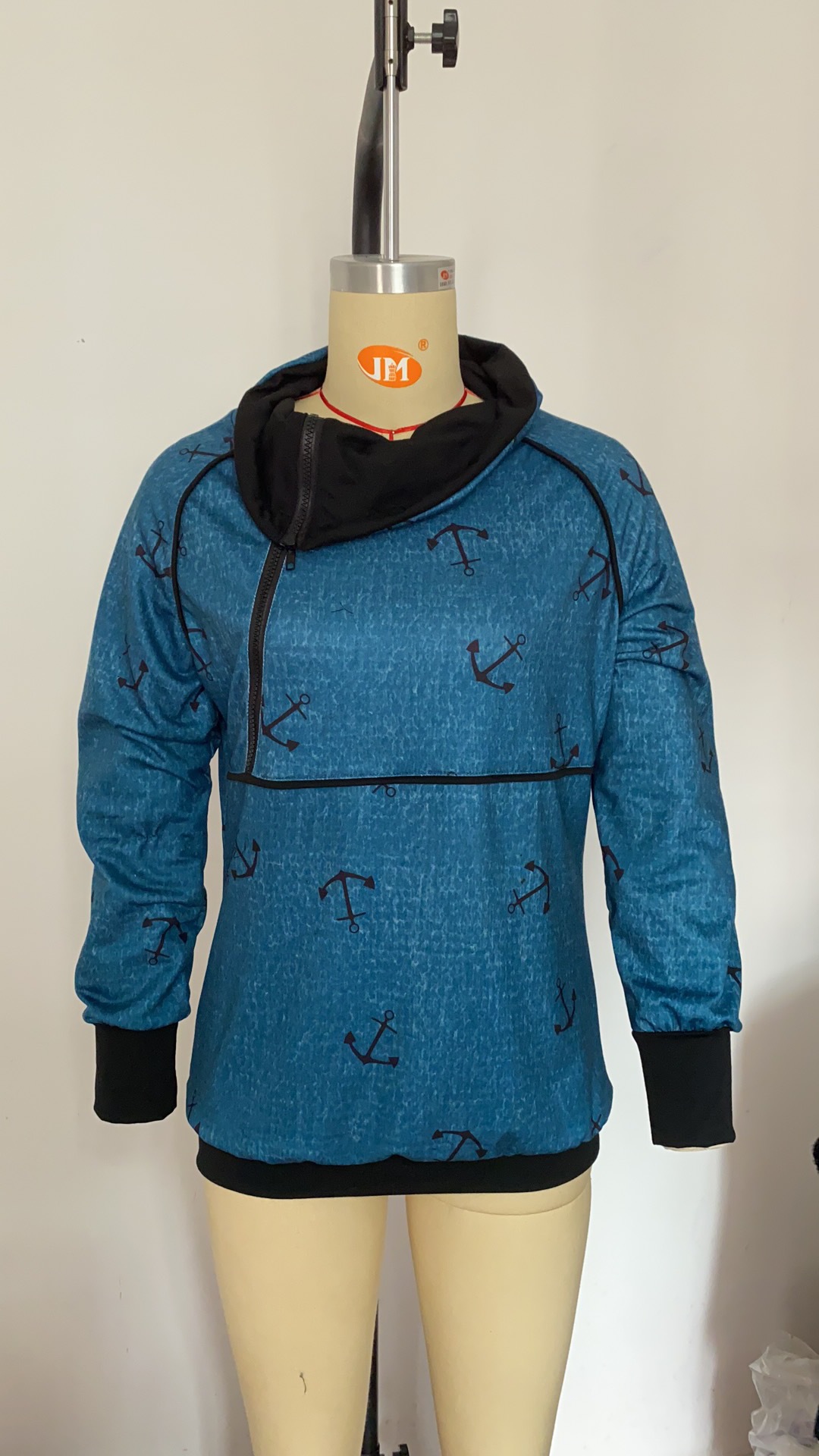 New Long Sleeve Anchor Print Zipper Hoodie