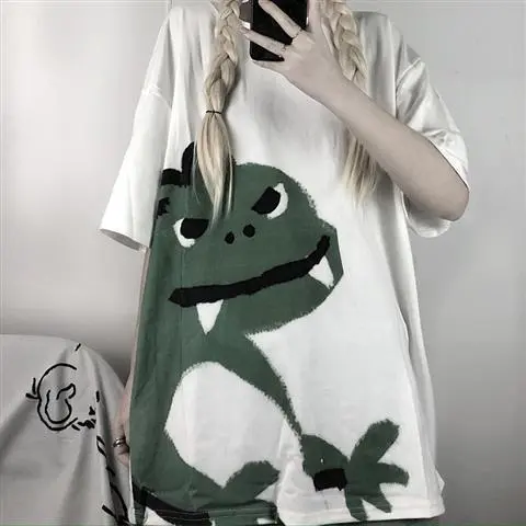 Ins Summer t Shirt Female Loose Fitting Bear Series Short Sleeve style dark black shirt Doodle Dinosaur 2 - Shop at LoveMi