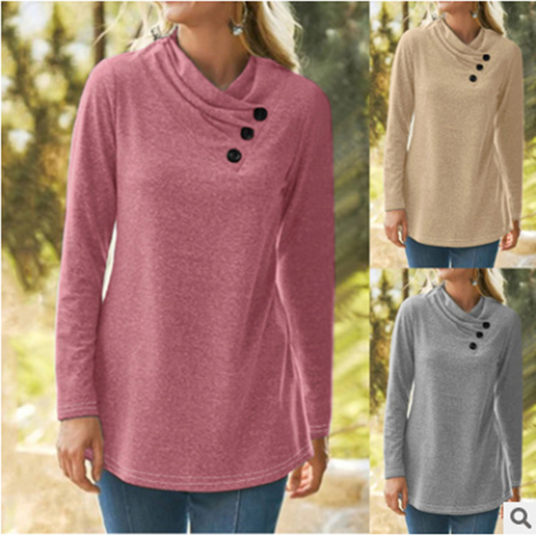 V-Neck Button High-Neck Multicolor Long-Sleeved T-Shirt