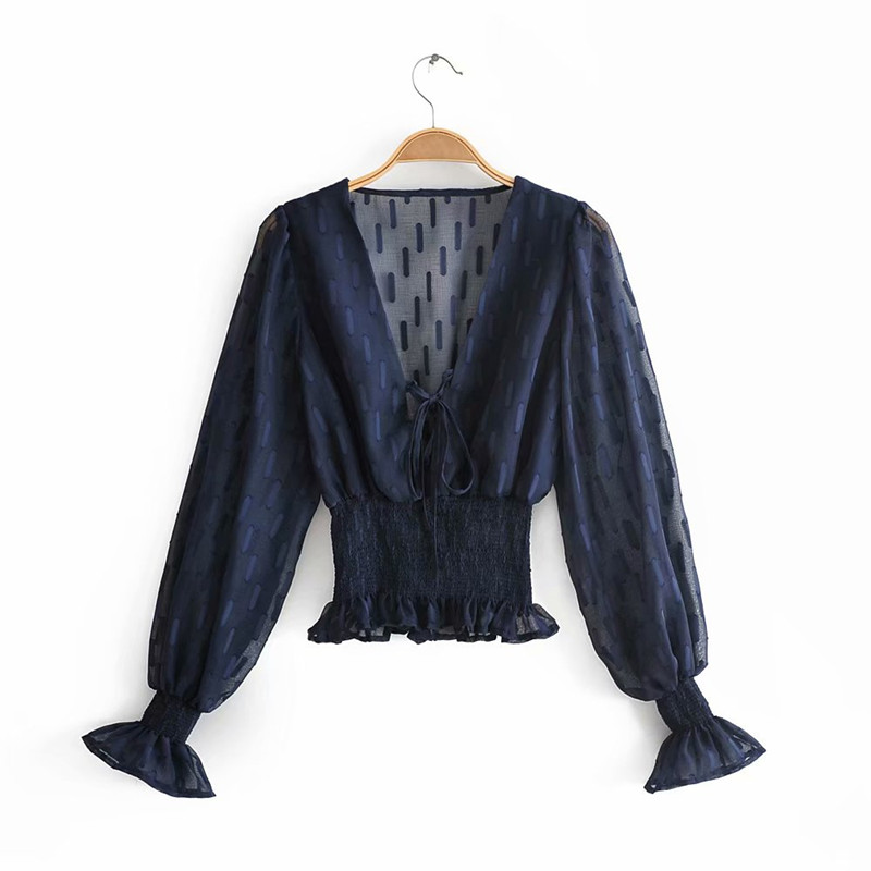 New Product Puff Sleeve Stretch Waist Ruffle Shirt